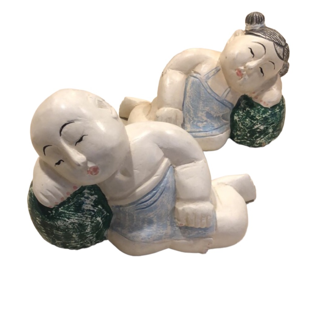 VINTAGE WOODEN HAND CARVED ASIAN SLEEPING BOY AND GIRL